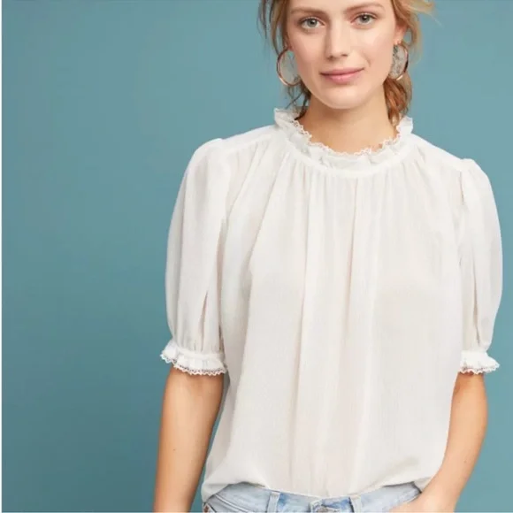 NWOT Current Air Anthropologie Airy Sheer Ruffles Puff Sleeve Blouse medium - Picture 3 of 17